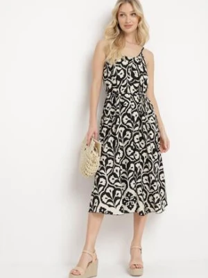 Czarno-Biała Sukienka na Cienkich Ramiączkach o Trapezowym Kroju z Wiązaniem na Troczek Cavriella cflo