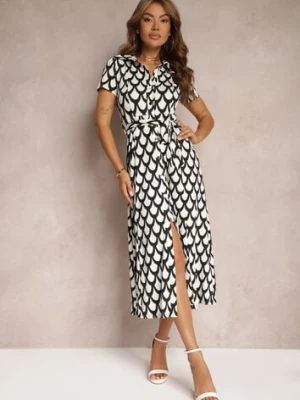 Czarno-Biała Sukienka o Koszulowym Kroju z Paskiem w Talii Wranea by swan