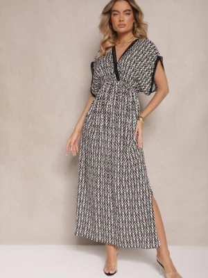 Czarno-Biała Sukienka Rozkloszowana z Bawełny Wykończona Koronką Lanadria defox