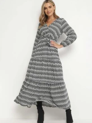 Czarno-Biała Sukienka Rozkloszowana z Gumką w Pasie Mosho rosa