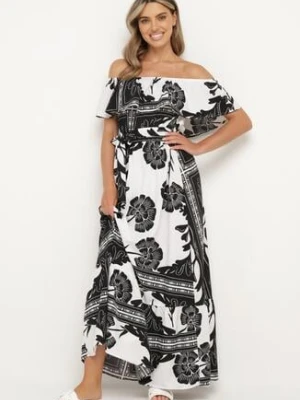 Czarno-Biała Sukienka Typu Hiszpanka z Gumką w Pasie i Materiałowym Paskiem Ozdobiona Falbanką Woneri