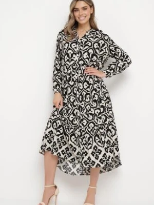Czarno-Biała Sukienka w Ornamentalny Wzór o Koszulowym Fasonie Venleia unigirl
