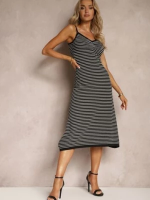 Czarno-Biała Sukienka w Paski na Ramiączkach z Marszczoną Górą Grulea rosa