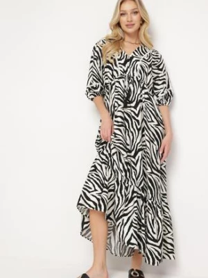Czarno-Biała Sukienka z Bawełny i Wiskozy w Abstrakcyjne Paski ze Sznurkiem w Talii Navarae rosse line