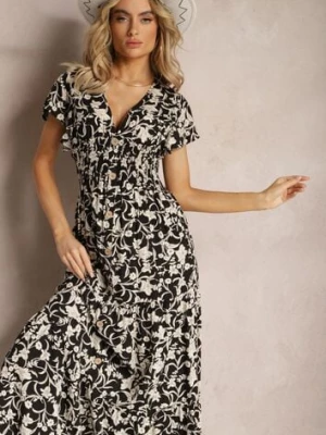 Czarno-Biała Sukienka z Gumką w Pasie w Kwiatowy Wzór z Ozdobnymi Guzikami Ellsa sweet&girl