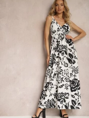 Czarno-Biała Sukienka z Gumkami na Plecach Ściągana w Talii z Regulowanymi Ramiączkami Falora h&s