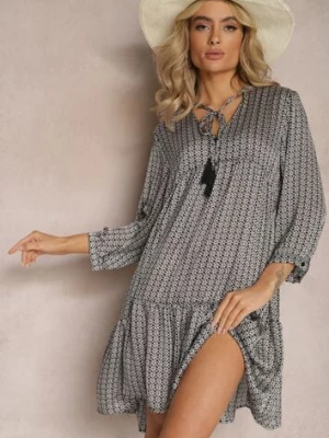 Czarno-Biała Trapezowa Sukienka z Chwostami i Rozkloszowanym Dołem Bleva rosa