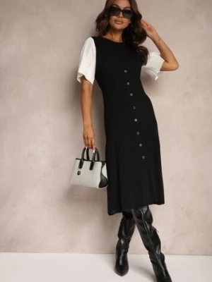 Czarno-Biała Trapezowa Sukienka z Dzianiny Zapinana na Guziki Zetirae rosa