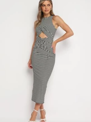 Czarno-Biała Wieczorowa Sukienka o Dopasowanym Kroju z Rozcięciami Vikonnie lovery