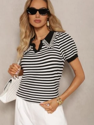 Czarno-Biała Wiskozowa Bluzka w Paski ze Zdobieniami na Kołnierzyku Veniala elsa.m by may