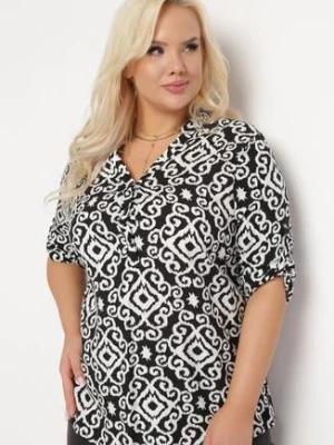 Czarno-Biała Wiskozowa Bluzka Zapinana na Guziki w Geometryczny Print Perita j&x