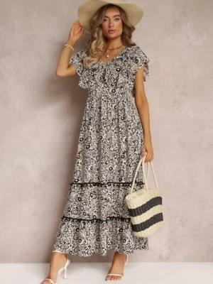 Czarno-Biała Wiskozowa Sukienka Maxi z Falbanką przy Dekolcie i Gumką w Pasie Lamimore cflo