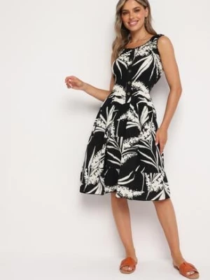 Czarno-Biała Wiskozowa Sukienka na Ramiączkach z Gumką w Pasie Oslifea r&f fashion