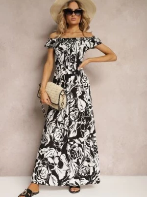 Czarno-Biała Wiskozowa Sukienka Typu Hiszpanka o Rozkloszowanym Kroju z Marszczoną Górą Fereri j&x