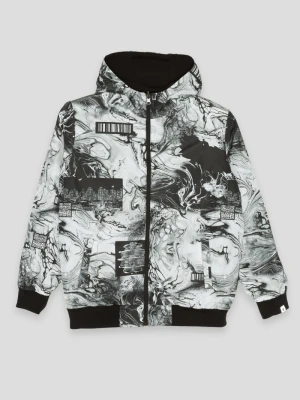Czarno-biała wzorzysta dwustronna kurtka przejściowa z kapturem Reporter