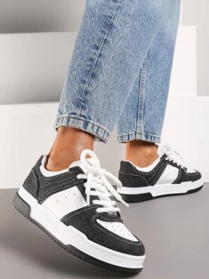 Czarno-Białe Sneakersy do Kostki z Ekoskóry na Grubej Płaskiej Podeszwie ze Sznurowaniami Uziliana