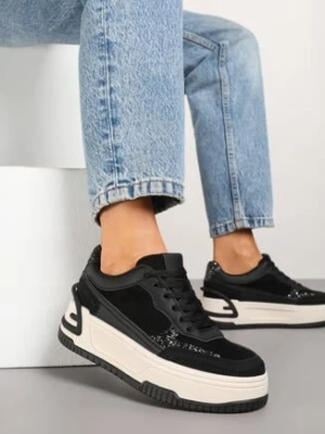 Czarno-Białe Sneakersy na Grubej Platformie z Tłoczeniem Ozdobione Wzorem w Panterkę Deolithra mulanka