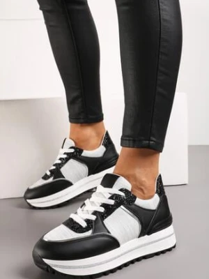 Czarno-Białe Sneakersy na Grubej Podeszwie Ozdobione Brokatem Niretha