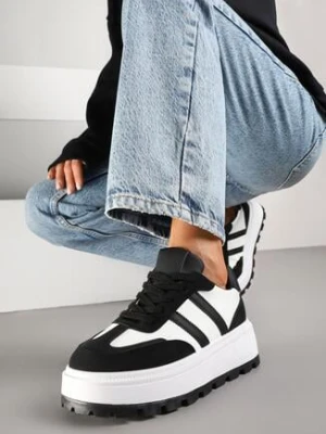 Czarno-Białe Sneakersy na Grubej Podeszwie Ozdobione Tłoczeniem i Paskami Fonrith