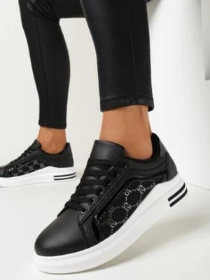 Czarno-Białe Sneakersy na Grubej Podeszwie z Brokatowym Zdobieniem Heiren