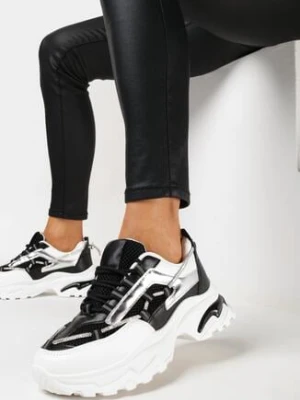 Czarno-Białe Sneakersy na Grubej Podeszwie z Cyrkoniami i Ozdobnym Sznurkiem Evadnie