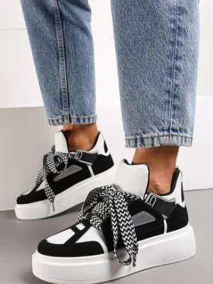 Czarno-Białe Sneakersy na Grubej Podeszwie z Ozdobnymi Sznurówkami Edidda