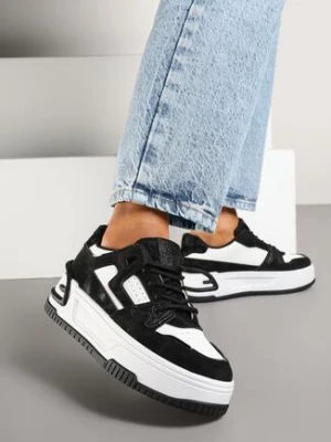 Czarno-Białe Sneakersy na Grubej Podeszwie z Perforacją i Geometrycznym Tłoczeniem Deolisa