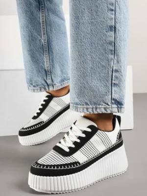 Czarno-Białe Sneakersy na Grubej Podeszwie z Tłoczeniami Zdobione Przeszyciami Falinia ideal