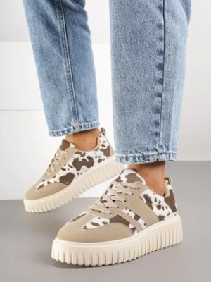 Brązowo-Białe Sneakersy ze Wzorem w Krowie Łaty na Grubej Podeszwie z Tłoczeniem Rilunessa c'm paris
