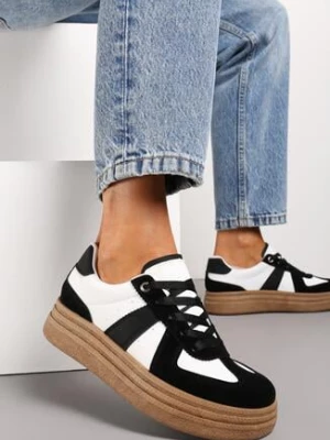 Czarno-Białe Sneakersy na Niskiej Platformie z Materiałowymi Wstawkami Xeonbia