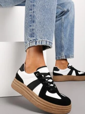 Czarno-Białe Sneakersy na Niskiej Platformie z Materiałowymi Wstawkami Xeonbia