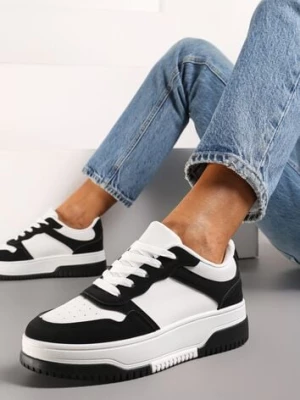 Czarno-Białe Sneakersy na Niskiej Platformie z Ozdobnymi Przeszyciami Huviena