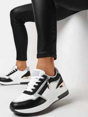 Czarno-Białe Sneakersy na Niskim Koturnie z Ozdobnym Suwakiem i Metaliczną Wstawką Lorealissa