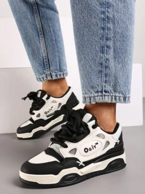 Czarno-Białe Sneakersy na Płaskiej Podeszwie Ozdobione Szerokimi Sznurówkami Veniefra