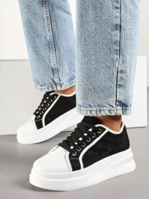 Czarno-Białe Sneakersy na Platformie z Koronkową Cholewką Falendriela