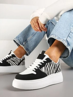 Czarno-Białe Sneakersy na Platformie z Perforacją na Nosku Ozdobione Wzorem w Zeberkę Senadaris yesmile