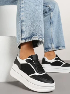 Czarno-Białe Sneakersy na Platformie z Tłoczoną Cholewką Callirae