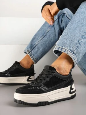 Czarno-Białe Sneakersy na Tłoczonej Platformie Ozdobione Wzorem w Panterkę Deoranae mulanka