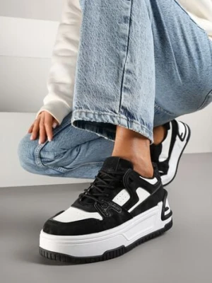 Czarno-Białe Sneakersy na Tłoczonej Platformie z Geometrycznym Motywem Eloneo
