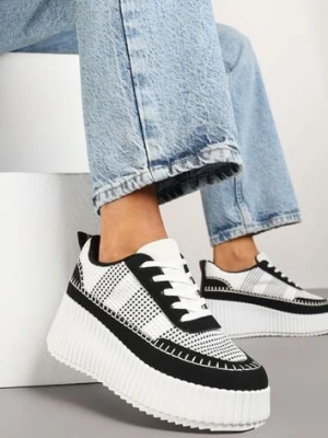 Czarno-Białe Sneakersy na Tłoczonej Platformie z Ozdobnymi Przeszyciami Faloviela