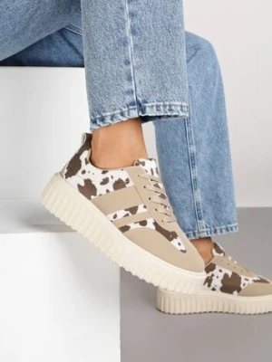 Brązowo-Białe Sneakersy na Tłoczonej Platformie z Paskami Ozdobione Printem w Krowie Łaty Rilasena c'm paris