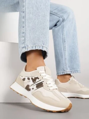 Beżowo-Brązowe Sneakersy Ozdobione Geometrycznym Motywem w Krowie Łaty Rilameia c'm paris
