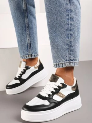 Czarno-Białe Sneakersy z Ekoskóry za Kostkę ze Sznurowaniami Zdobione Perforacją Raviana