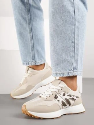 Beżowo-Brązowe Sneakersy z Geometrycznym Wzorem w Krowie Łaty Rilestra c'm paris