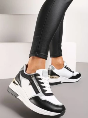 Czarno-Białe Sneakersy z Metaliczną i Brokatową Wstawką na Koturnie Neomalle