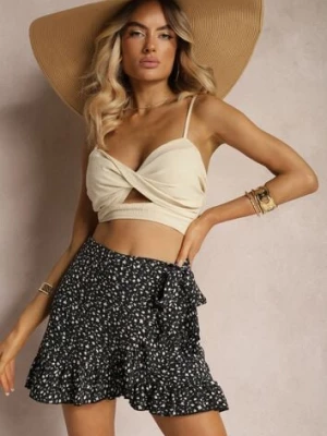 Czarno-Białe Spódnico-Spodenki w Kwiaty z Falbanką i Zakładką Carewn j.stars