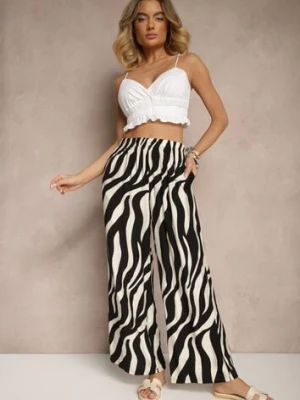 Czarno-Białe Spodnie o Szerokim Kroju High Waist Ozdobione Paskami Lisamelia