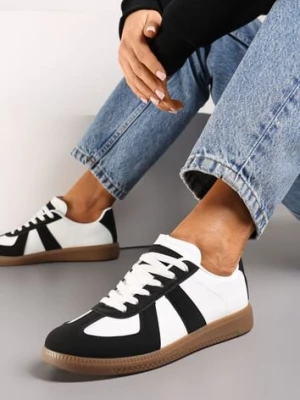 Czarno-Białe Sznurowane Sneakersy na Brązowej Podeszwie z Przeszyciami Assetnima