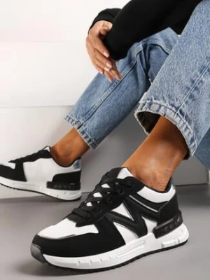 Czarno-Białe Sznurowane Sneakersy na Płaskiej Podeszwie z Metalicznym Wykończeniem Vivamarie