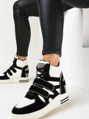 Czarno-Białe Sznurowane Sneakersy na Ukrytym Koturnie Zapinane na Rzepy ze Wstawkami z Ekozamszu Ramhel